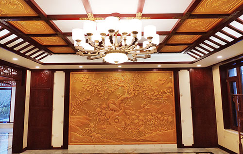 淮北中式别墅客厅中式木作横梁吊顶装饰展示